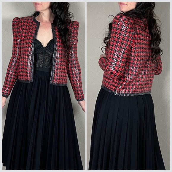 Vintage 1980s Houndstooth Sequins Knit Open Front Crop Jacket - Picture 4 of 7